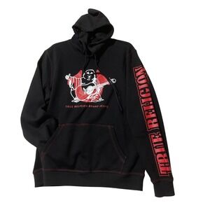 True Religion Mens Buddha Logo Hoodie Jet Black Red Contrast Stitch Medium $119